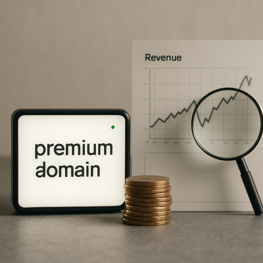 A domain name on a screen beside coins and a simple chart, suggesting that