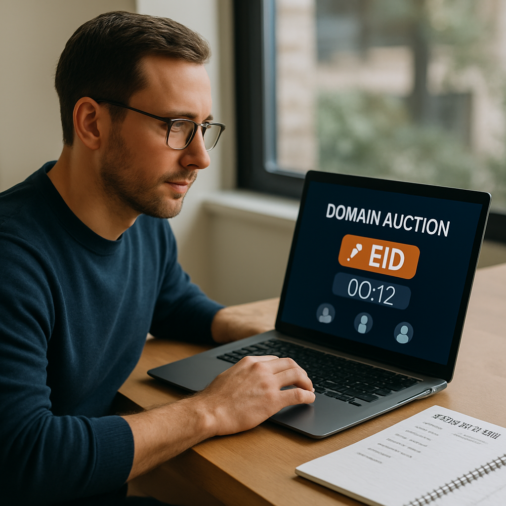 A domain seller monitors a live online auction beside a pricing plan and calendar.