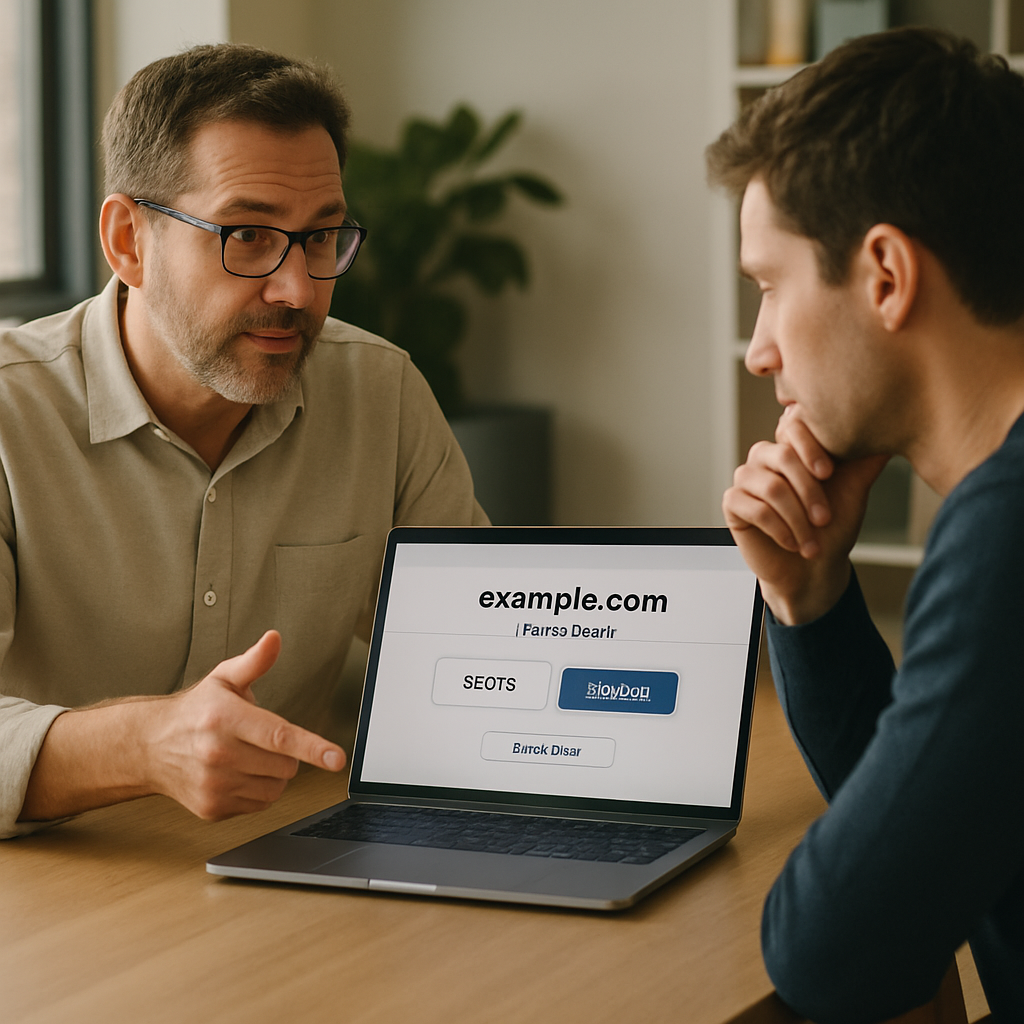 A domain seller and potential buyer discuss fixed-price and make-offer options over a laptop.
