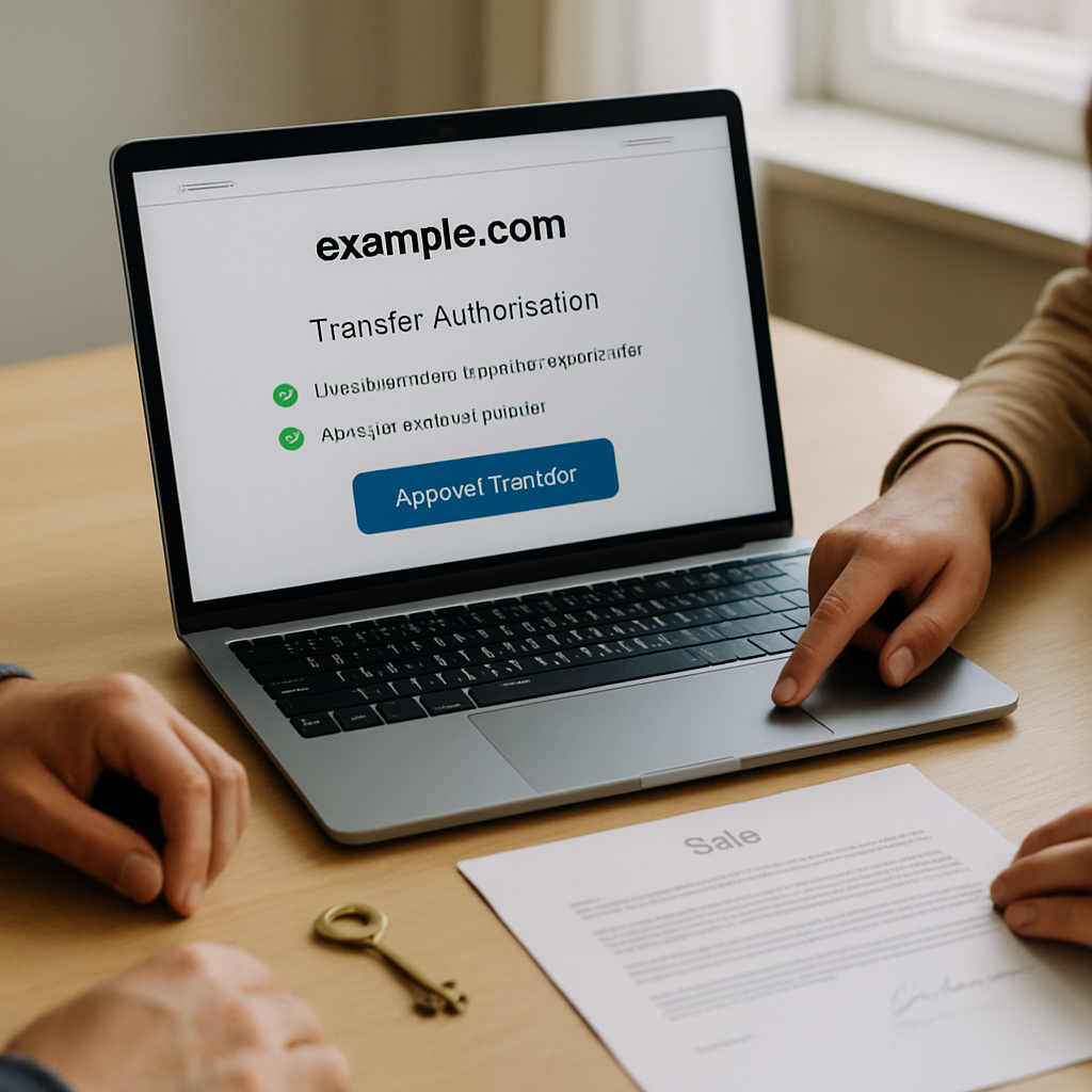 Buyer and seller coordinate a secure domain transfer at a laptop, with authorization and