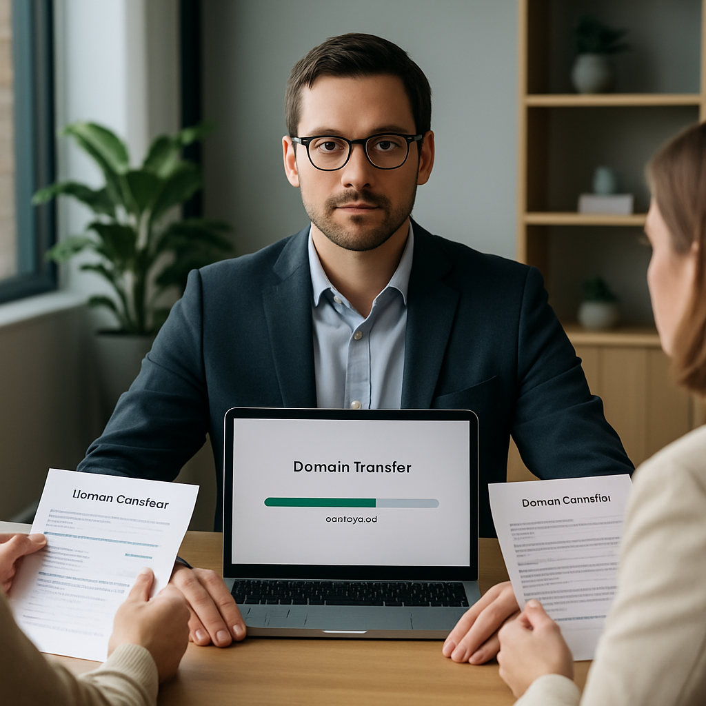 A neutral escrow agent helps a domain buyer and seller coordinate payment and ownership