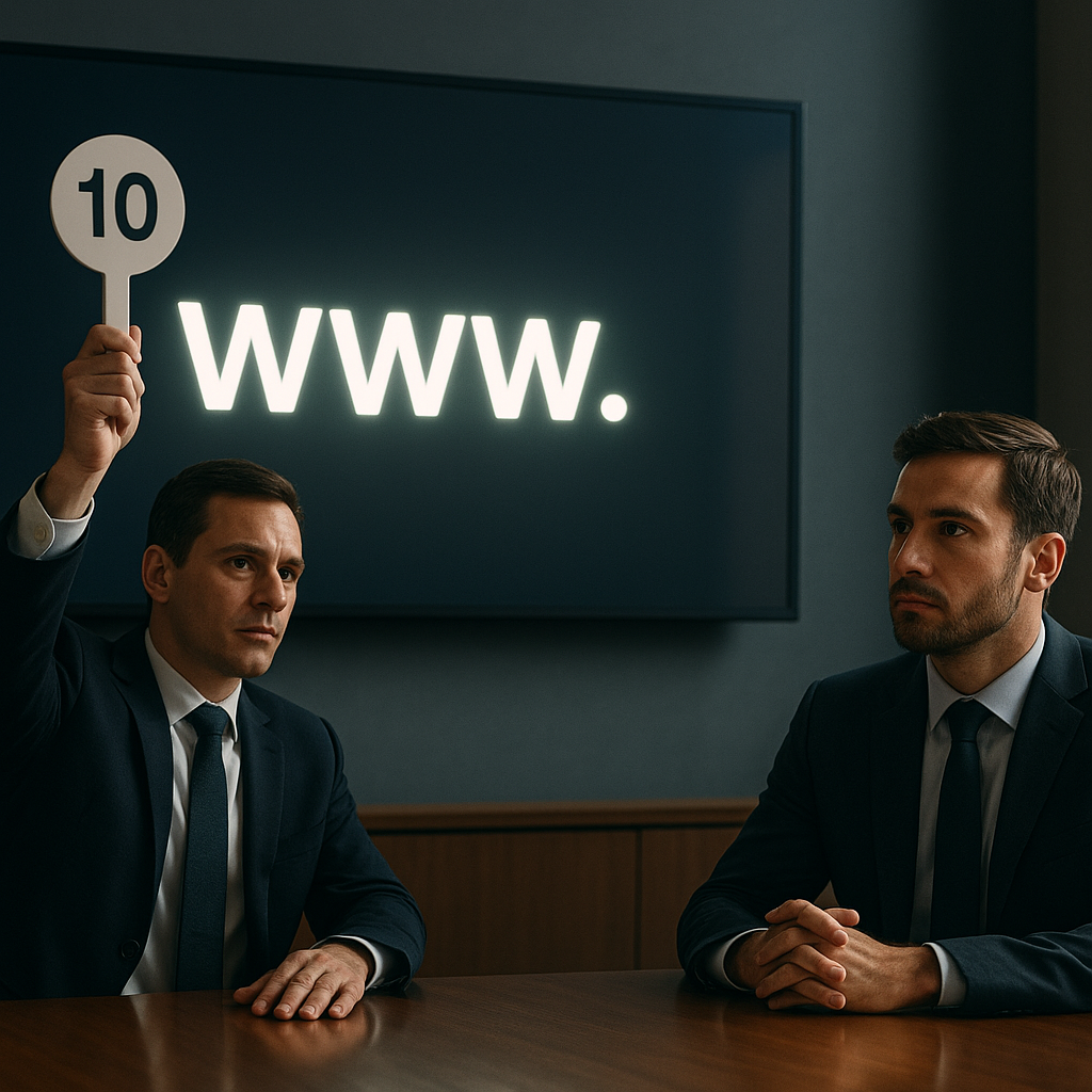 Two business buyers compete in a domain auction, reflecting how clarity, trust and commercial
