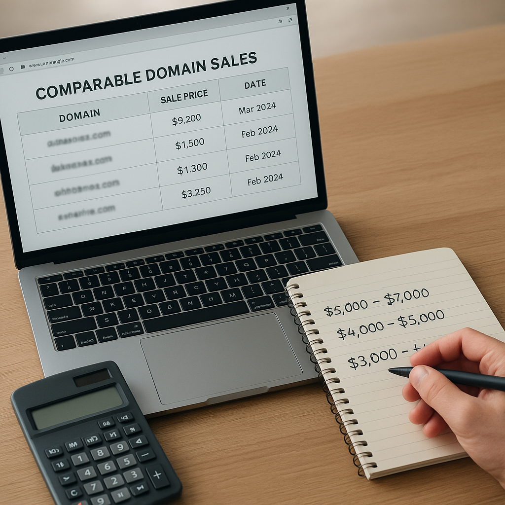 A buyer compares domain sale prices on a laptop and sets a disciplined purchase