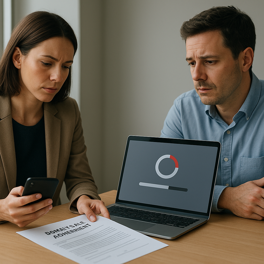 A domain buyer and seller review paperwork beside a laptop showing a stalled transfer