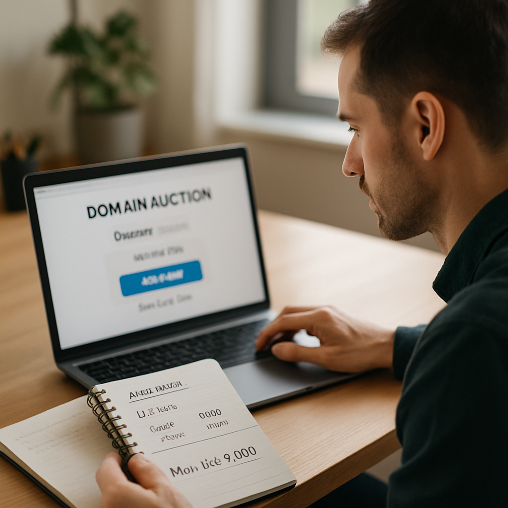 A buyer researches a domain auction, checks ownership and comparable sales, estimates costs, and