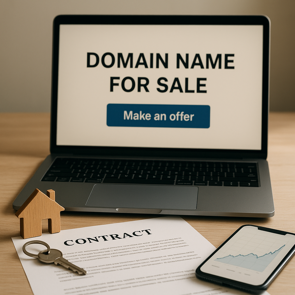 A laptop shows a domain-for-sale page beside a key and contract, suggesting domain control,
