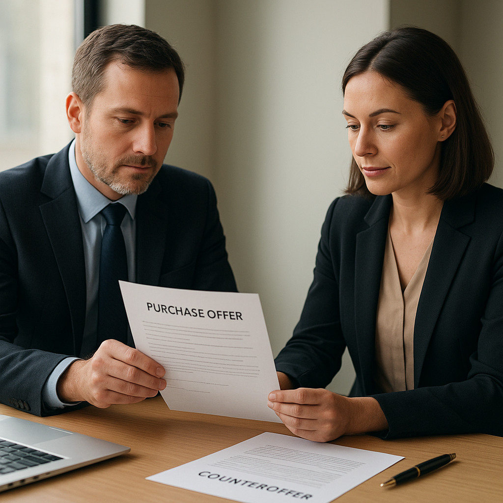 Two businesspeople review a domain sale offer and counteroffer at a table, with a