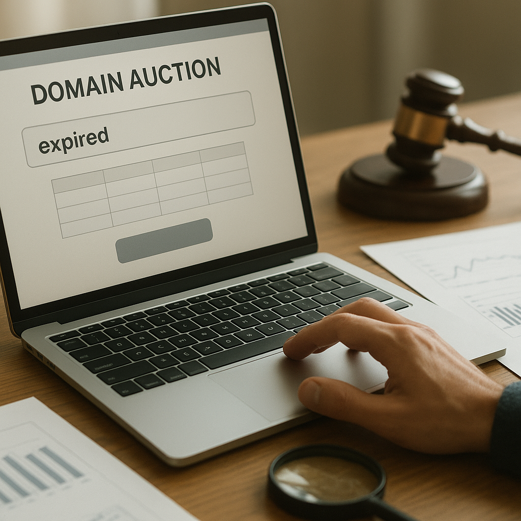 A buyer checks a domain auction on a laptop while reviewing printed website history