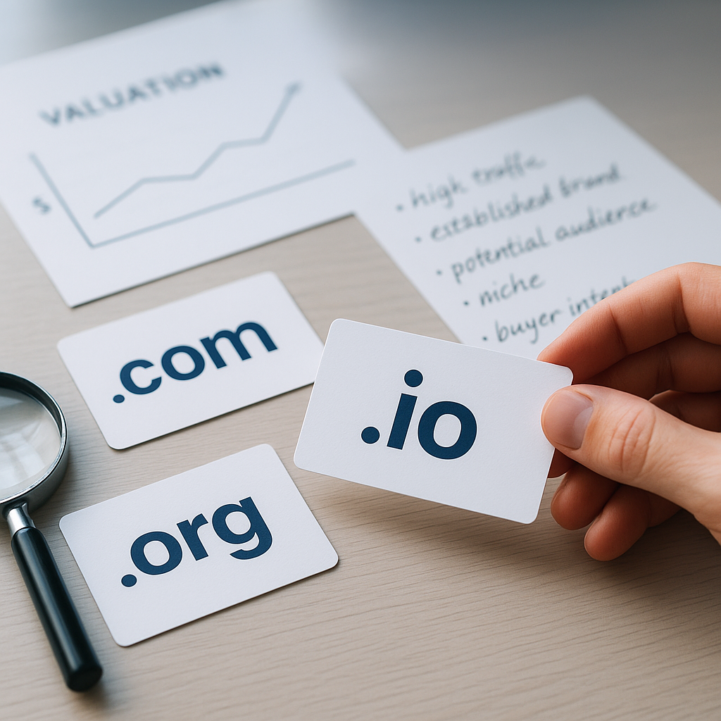 A buyer compares domain extensions beside appraisal notes and a valuation chart.