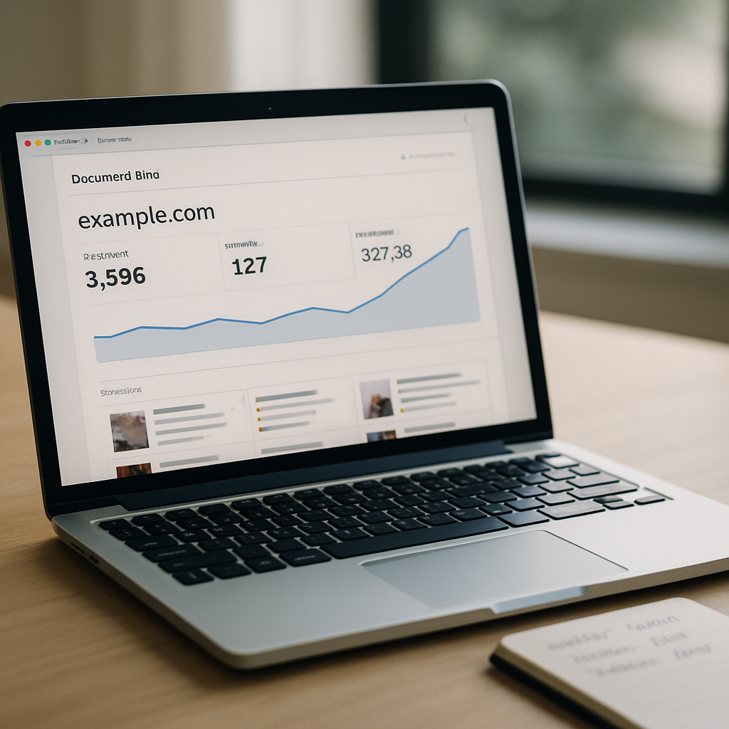 Laptop showing a domain parking analytics dashboard with traffic, ad clicks, and revenue metrics.