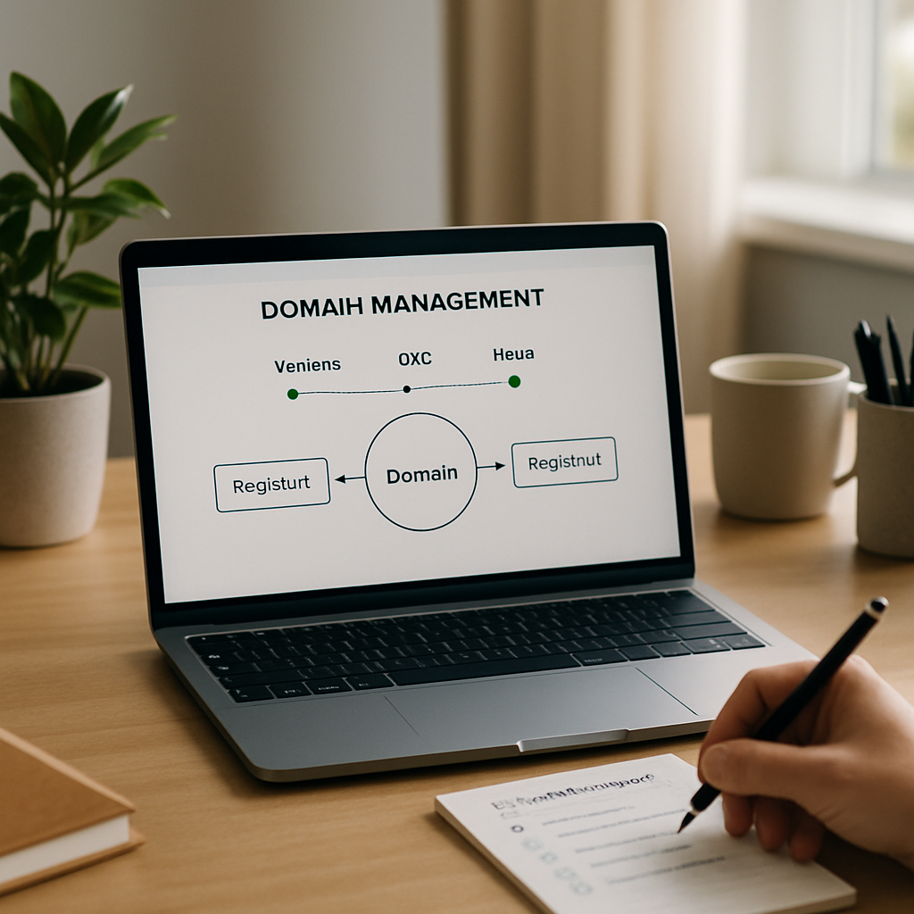 A person reviews a domain transfer checklist while a laptop shows website, DNS, hosting,
