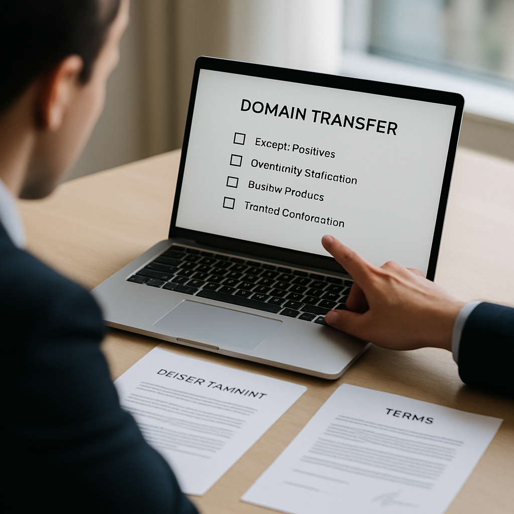 Two people verify domain ownership and review transfer terms and an escrow payment at