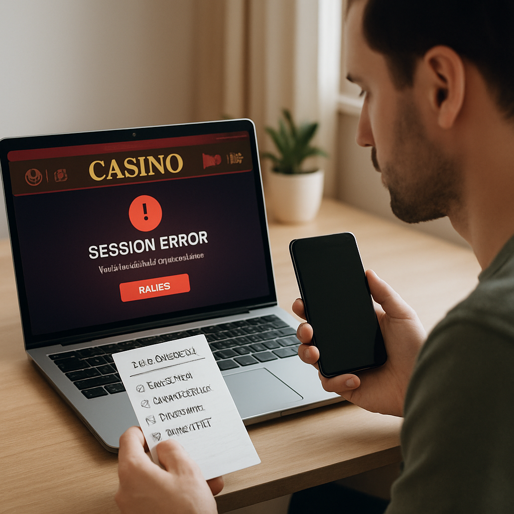 A person calmly checks a casino session error on a laptop and follows a