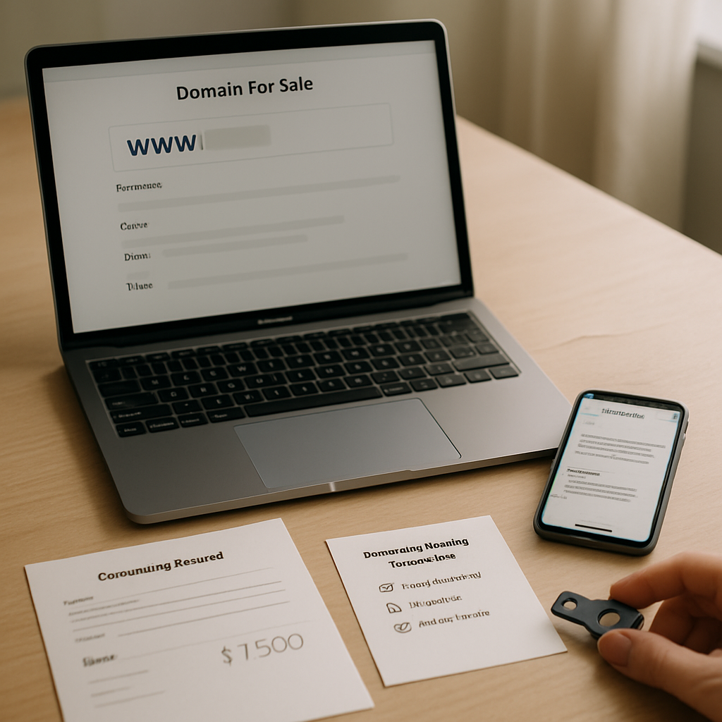 A prepared domain seller’s desk with a laptop listing, ownership paperwork, pricing notes, checklist,